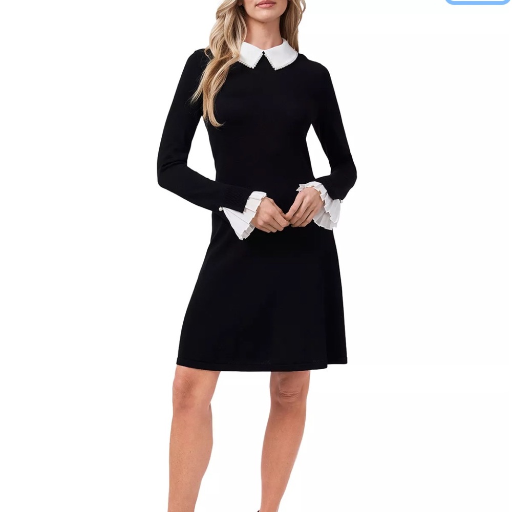 CeCe Black pleated cuff cotton mini dress pearl embellished Collar sz XL new nwt